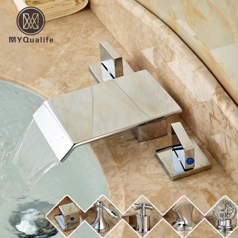 

Bright Chrome Waterfall Bathroom Tub Sink Mixer Faucet Dual Handle Square Waterfall Spout Washing Basin Taps