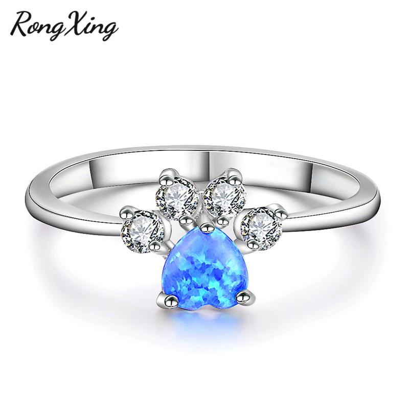 

RongXing Creative Blue/White Fire Opal Animal Footprint Rings For Women Gold Filled Zircon Heart Opals Birthstone Ring Gifts