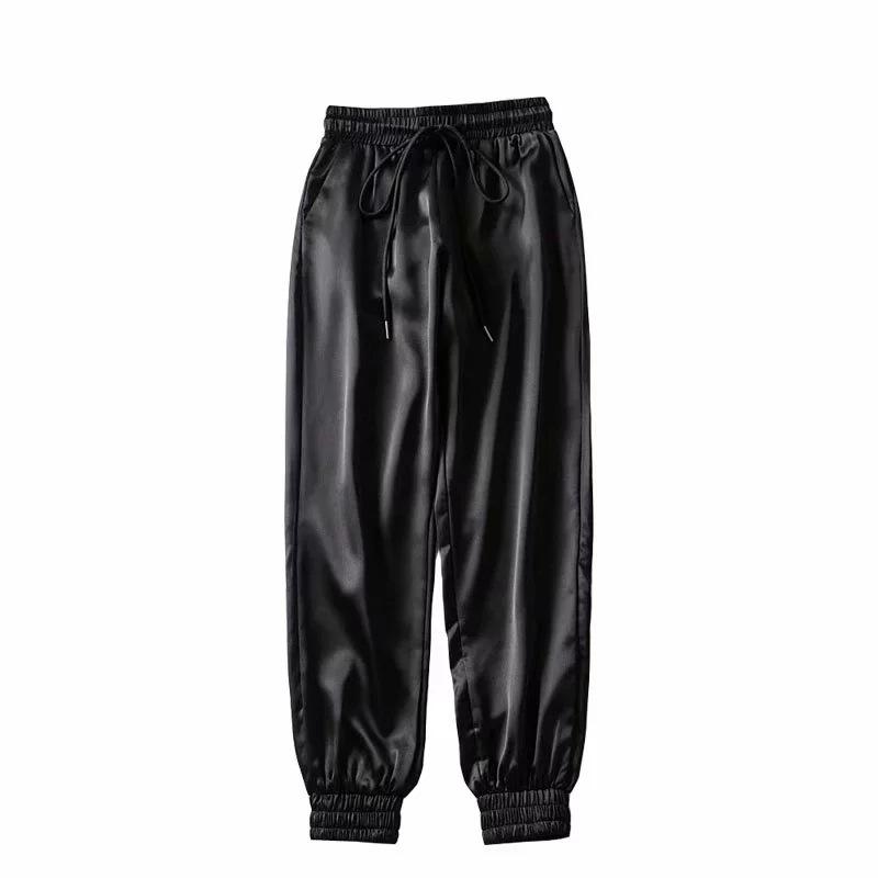

Summer Satin Cargo Pants Women Europe Loose Casual Sport Women Joggers Streetwear Cargo Pants, Black
