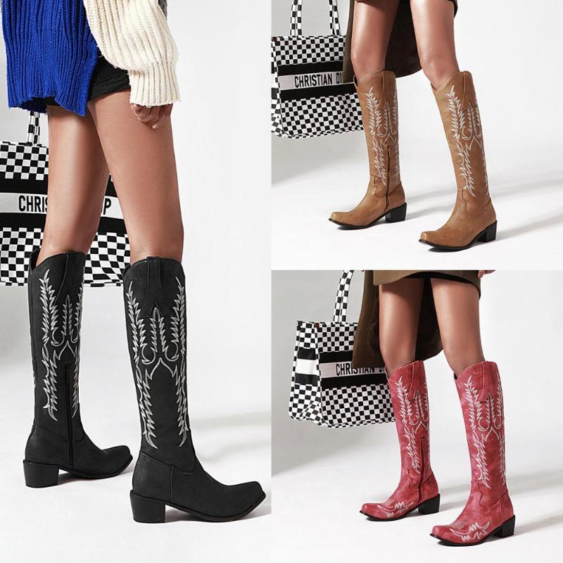 

Classic Western Cowboy Boots for Women Knee High Western Boots Embroidered Pointy Toe Square Heel Shoes Woman Winter1, Yellow plush