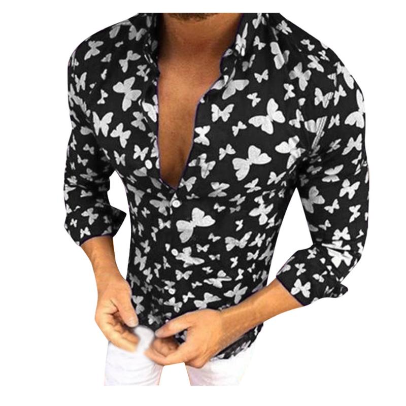 

Fashion Turn-Down Button Hawaii Print Beach Long Sleeve Top Blouse mens casual slim fit shirts 2020 Streetwear Chemise homme#2, Black