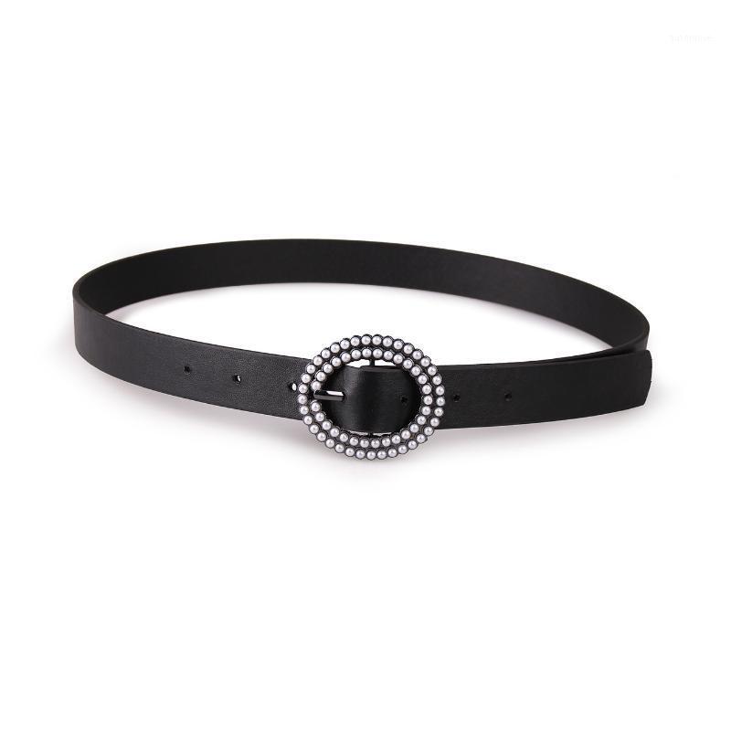

Round Buckle Pearl Belts Women's Casual Solid PU Leather Thin Belt Fashion Decorative Belt Ladies Wild BL5271, Black