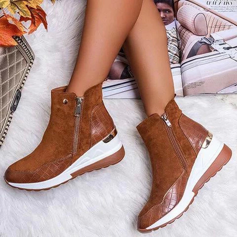 

Women Ankle Boots High Heels Wedges Shoes Woman Booties Autumn Warm PU Leather Shoe Chaussures Femme Zapatos Mujer Sapato #wP1H, Beige