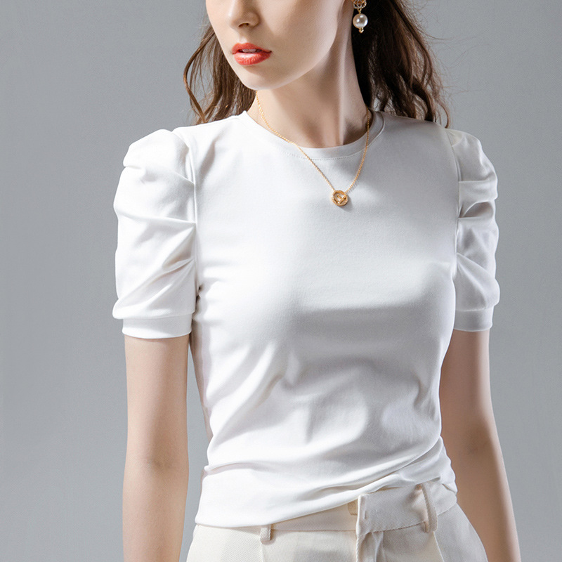 

Simple basic round neck long sleeve T-shirt for women Korean version design feeling irregular fold wear loose bottom shirt 5707, White