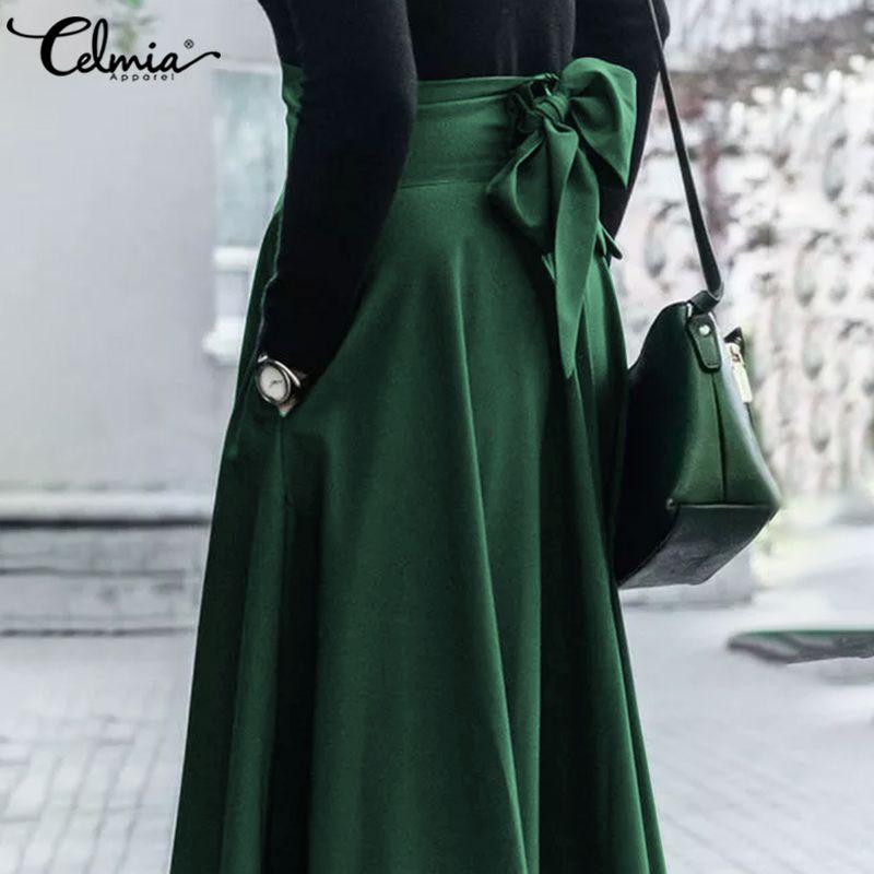 

Vintage Maxi Skirts Celmia Women' 2020 Autumn Elegant Ladies High Waist Bandage Jupe Casual Ruffled Office Lady Zipper Faldas, Black