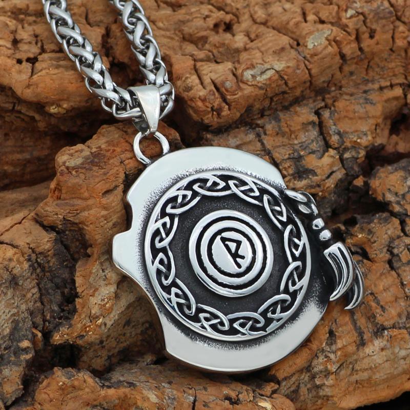 

Men stainless steel Nordic viking Shield Compass Talisman Rune necklace with viking gift bag