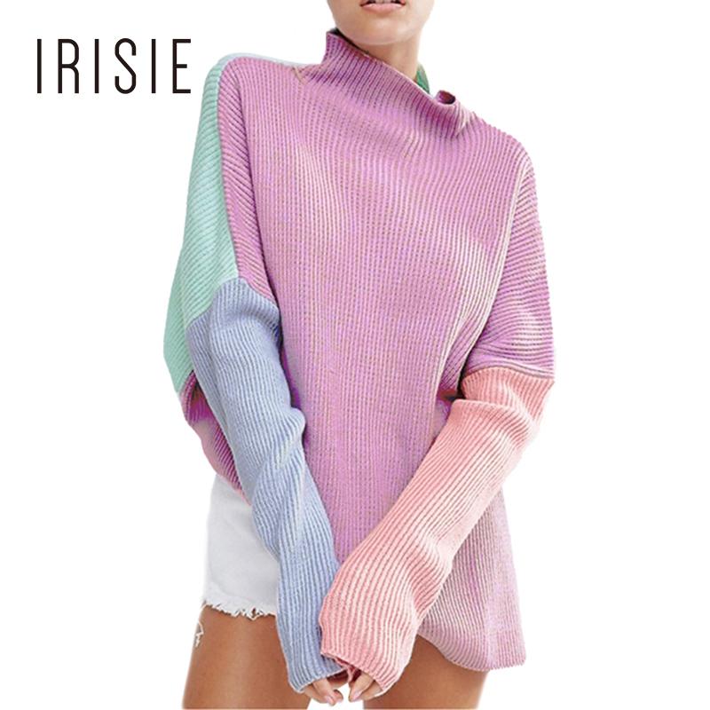 

IRISIE Autumn Fashion Purple Women Knit Sweater Casual Putchwork Loose Jumper Sweet Turtleneck Long Sleeve Lady Pullovers