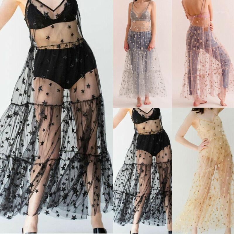 

Women Mesh Sheer Beach Wear Dress Lace Swimwear Bikini Cover Ups Cover Up Sleeveless Strappy Star Print Maxi Dress Summer1