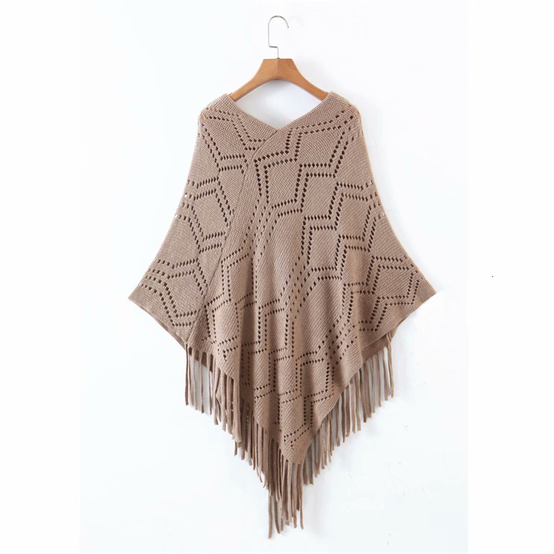 

2021 New Elegant Women Brown Fashion Ladies Causal Hollow Out Sweater Streetwear Female V-neck Tassel Loose Knitted Cloak Lofb, Red