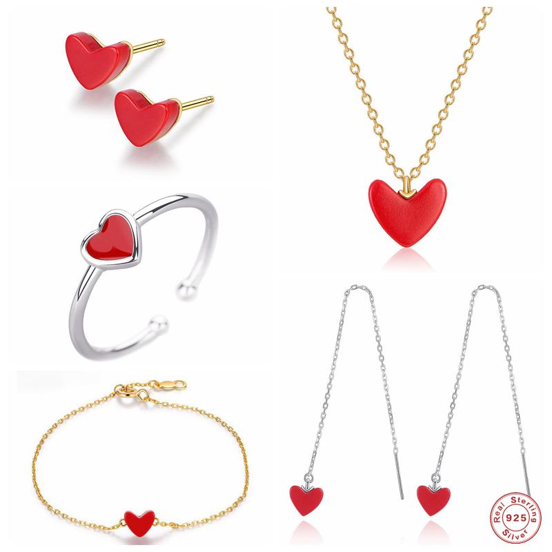 

Bracelet, Earrings & Necklace GS 925 Sterling Silver Red Heart Pendant Charm Threader Bracelet Ear Studs Valentine's Gift For Her, Black