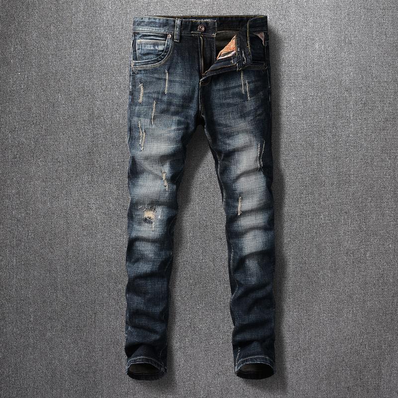 

Men's Jeans Italian Style Fashion Men Vintage Designer Slim Fit Ripped Denim Cotton Trousers Streetwear Retro Black Blue Hip Hop Pants