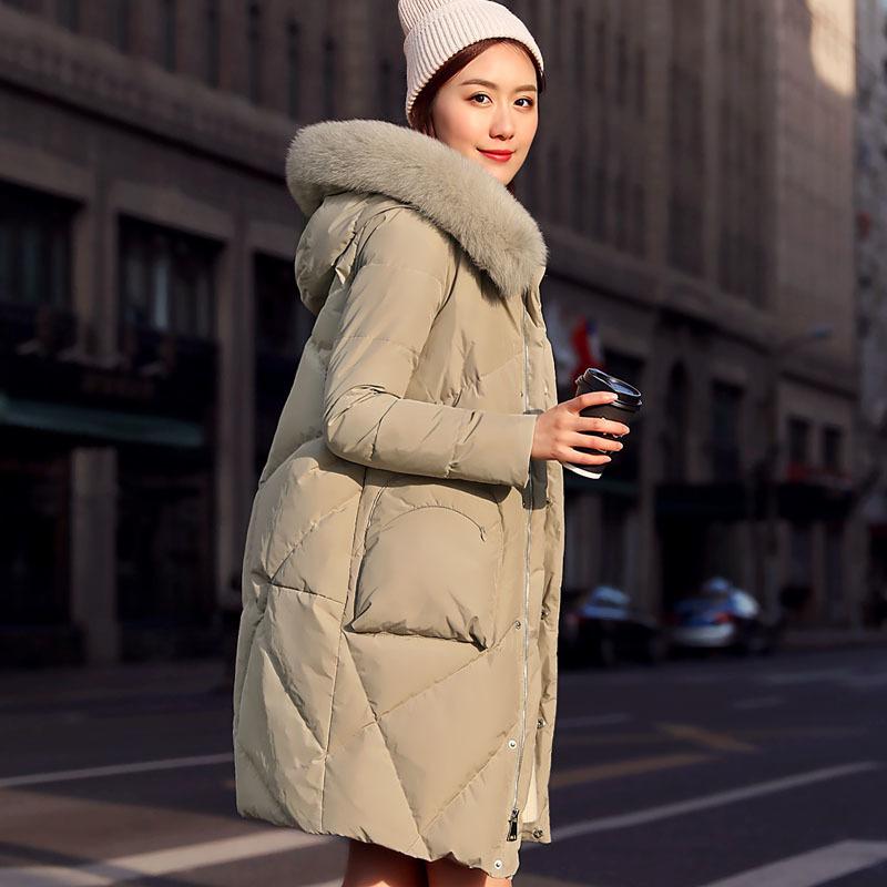 

Winter Women' Jackets Fur Collar Korean Red Bride Down Jacket High Quality Loose Long Coat Kurtka Zimowa KJ460, Black