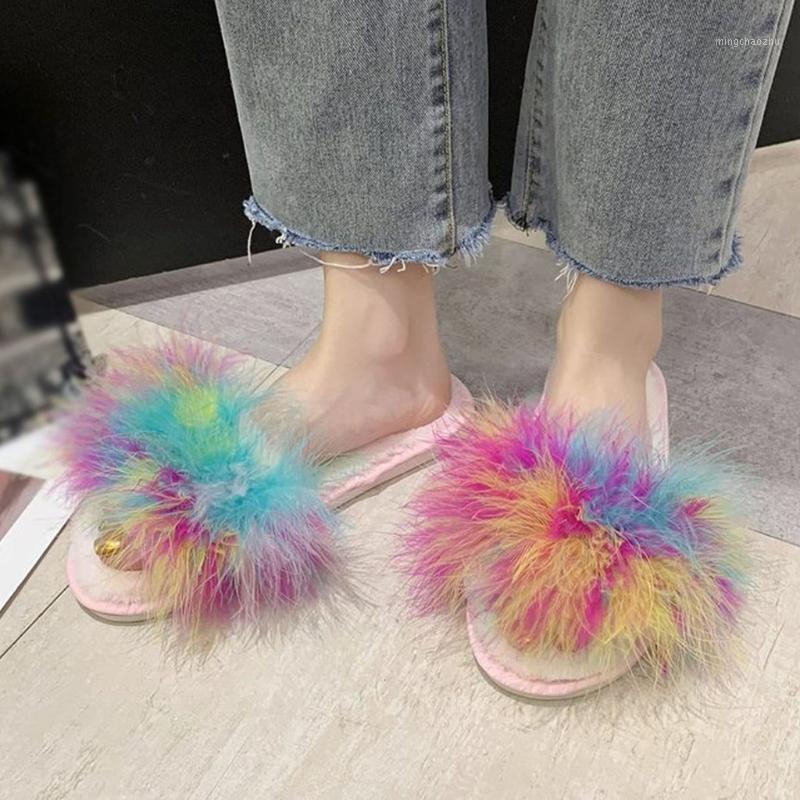 

Women Mixed Color Plush Slides 2020 Newest Women Real Slippers Hair Flip Flops Shoes Indoor Outdoor chanclas mujer#s1, Multicolor