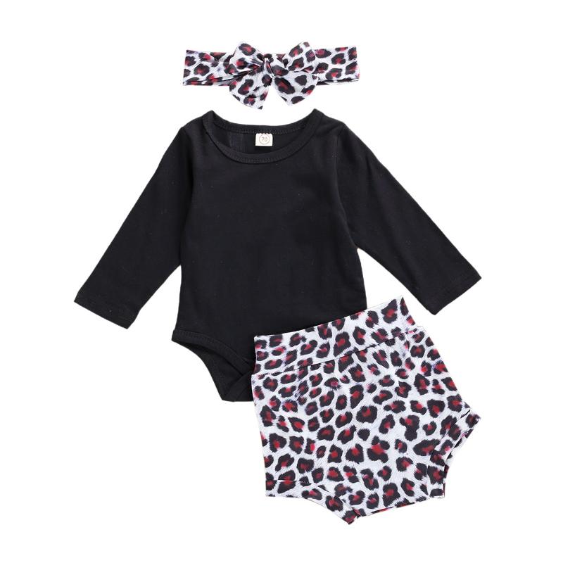 

0-18M Autumn New Newborn Baby Girl Boy Casual Outfits Infant Long Sleeve Black Romper Leopard Shorts Bow Headband 3Pcs Set, As pic