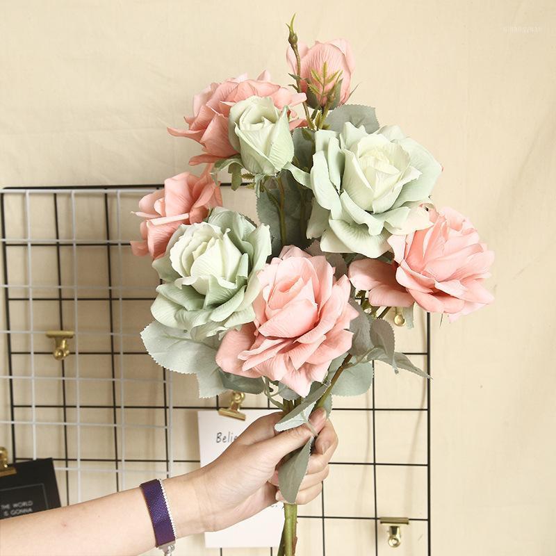 

5pcs/lot ins rose artificial flower wedding decoration home decor hand holding silk rose wreath bouquet fake flower1, Beige