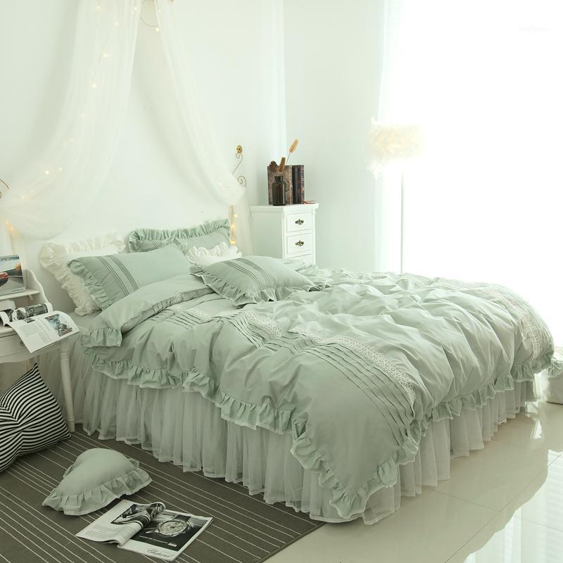 

3/4pcs Girls Lace Ruffle Duvet Cover Bedskirt Pillowcases Light Green Bedding Sets For Single Double Bed Linen Cotton Bed Covers1
