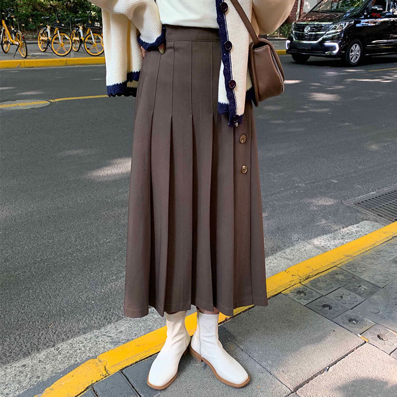 

2021 New 3 colours female autumn skirts long Korean-style waist plied button the midi line skirt of women (x1571) NP8O, Brown