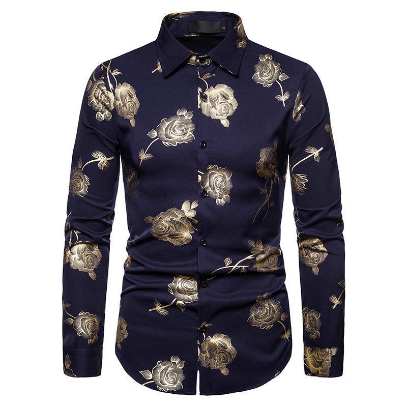 

Single Breasted Flower Printed Tuxedo Shirt Full Sleeve Shirts For Men 2020 Wing Collar Office Wear Autumn Rose Blouse US Size, White tuxedo shirt