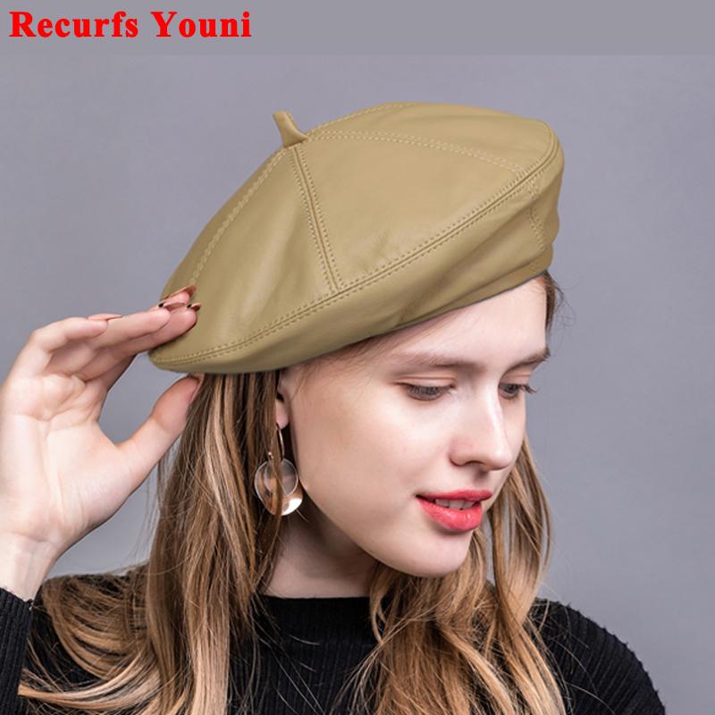

Fashion Lambskin Bonia Women Winter British Genuine Leather Painter Hat Female Retro Korean Octagonal Bonnet Pink/Khaki Beret, Black