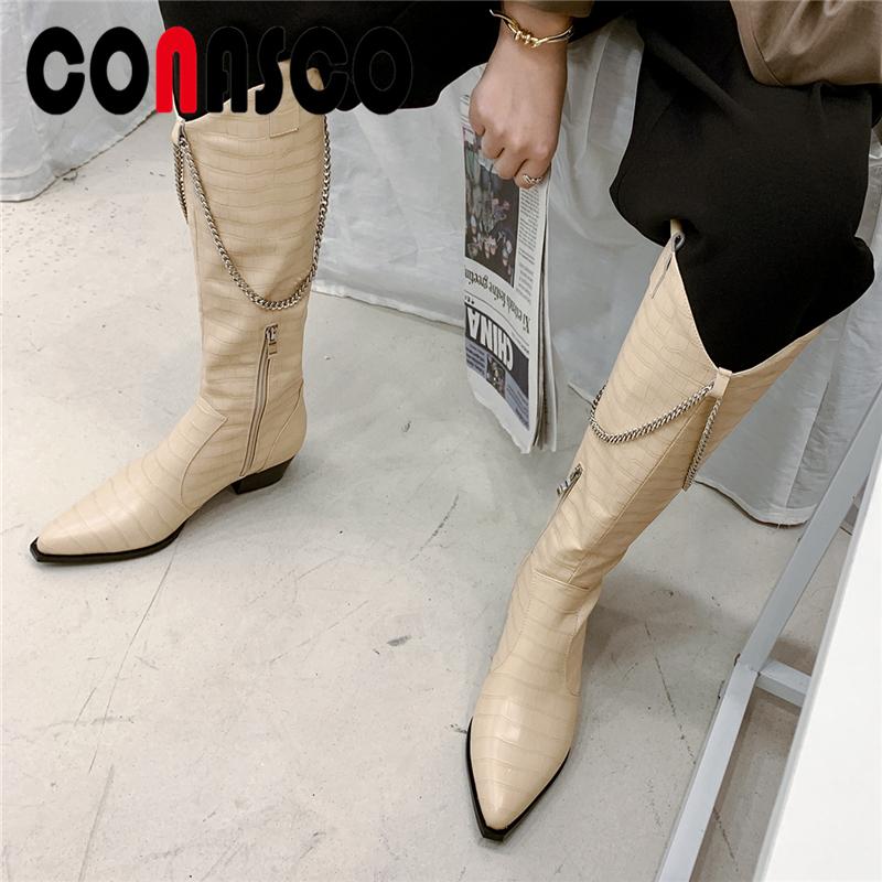 

CONASCO Fashion Women Knee-High Boots Autumn Winter Thick Heels Shoes Woman Genuine Leather Cool Chain Western Boots Long, Blackd