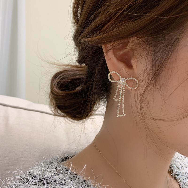 

AENSOA Bling Rhinestone Crystal Bowknot Drop Earrings For Women Trendy Gold Color Statement Earrings Dangle Romantic Jewelry