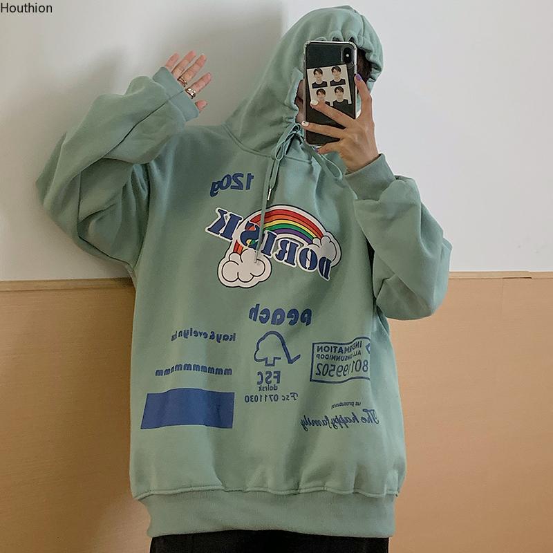 

Houthion Women Sweater The New Fashion Casual Temperament Autumn Loose Printing Plus Velvet Hooded Long Sleeve Pullovers, Black