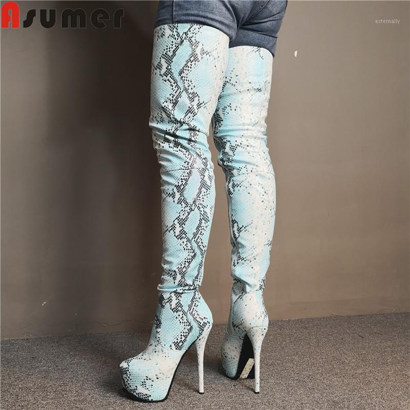 

ASUMER 2020 fashion autumn winter boots women round toe platform super high thin heels shoes sexy prom women over the knee boots1, Light blue