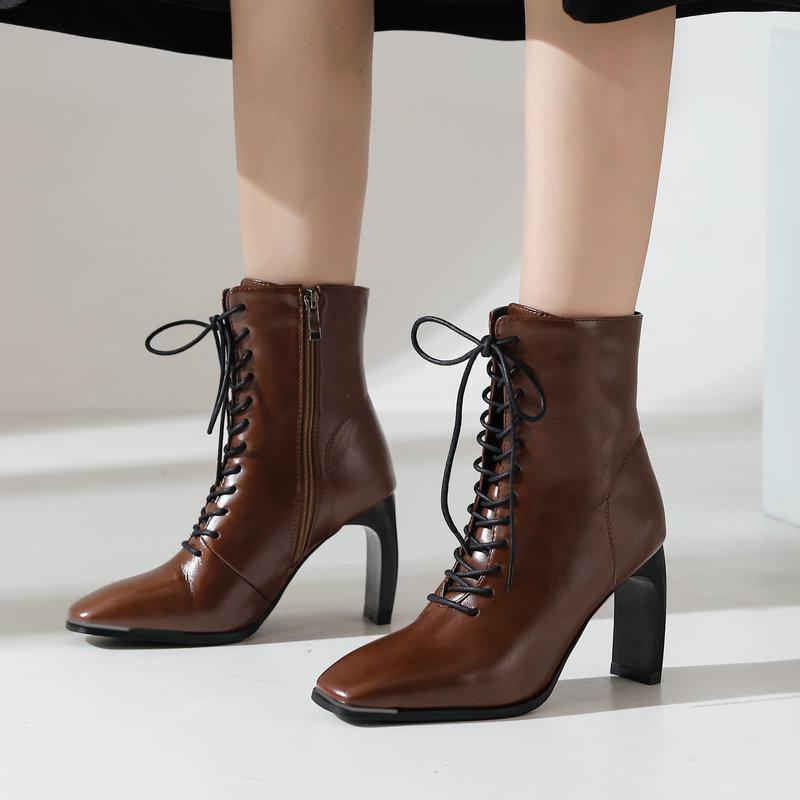 

Women Cross Tied High Heel Ankle Boots Fashion Zipper Sqaure Toe Short Boots Ladies Autumn Winter1, Beige