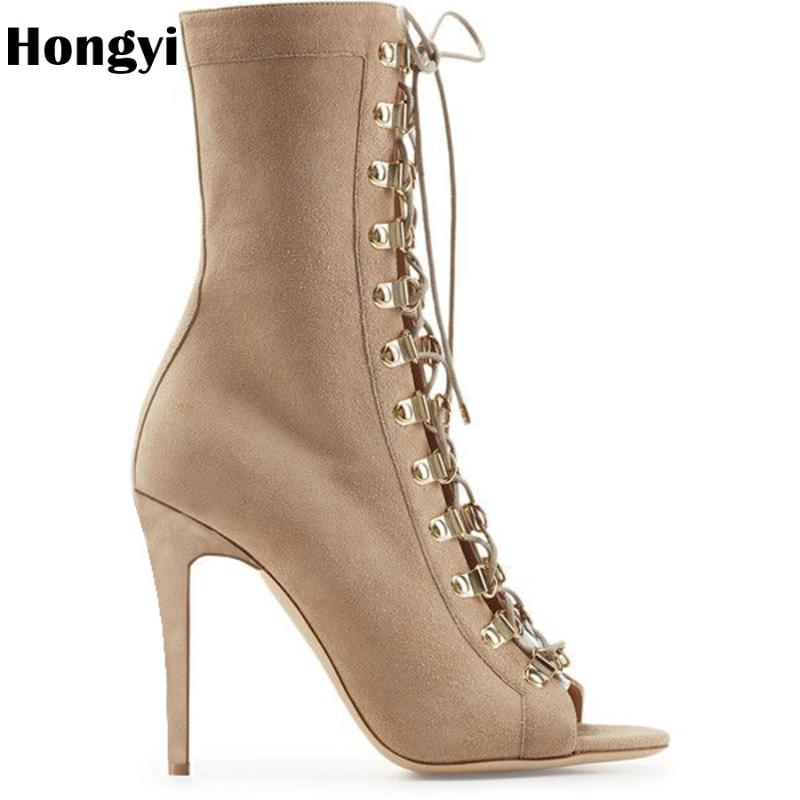 

Hongyi Punk Rock Hedgehog Gladiator shoes Rivets Summer Ankle Boots Womens Peep Open Toe High Top Sandals High Heel Pumps, As showed color