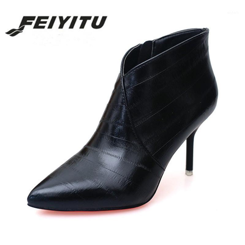 

feiyitu 2020 Autumn Winter Fashion New Lady Handmade Ankle Boots for Women Pu High Thin Heel Shoes Womens Boots1, Black