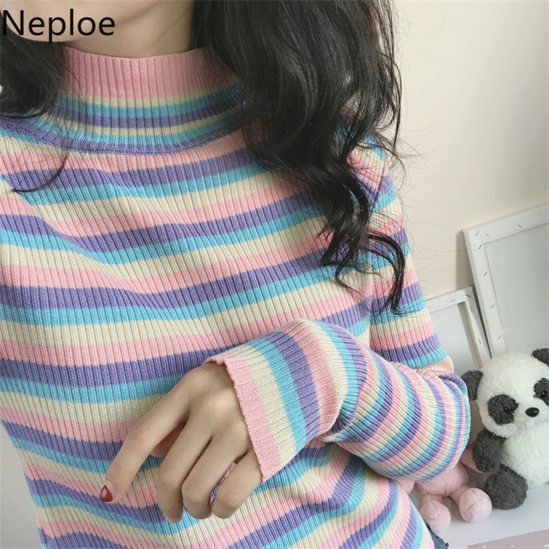 

Neploe Rainbow Striped Bottom Knitwear Autumn Winter Slim Short Knitted Tops Long Sleeve Half Turtleneck Sweater Femme 56527 201111, Photo color