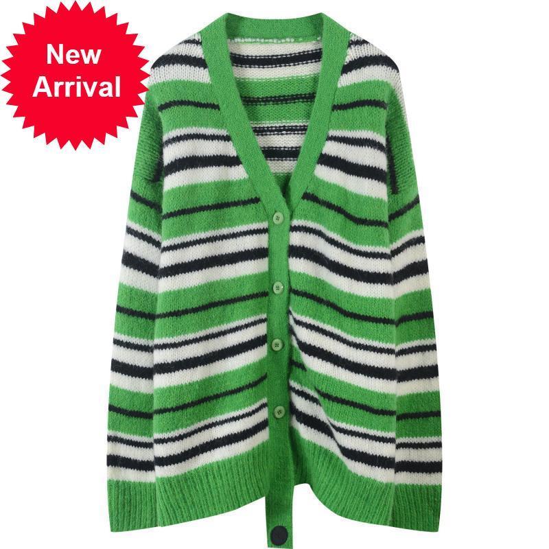 

Female 2021 New Vintage Cardigan Thin Midi Top Striped Green Winter Embroidered with Neckline v Long Sleeve Nightgown 1HD1, Beige