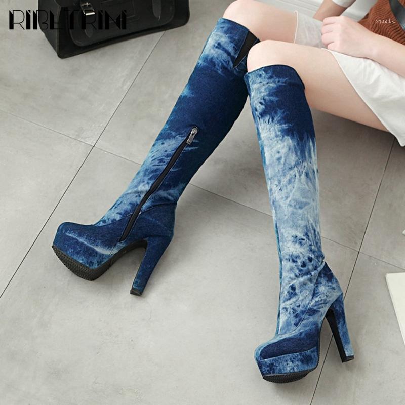 

RIBETRINI Brand New Big Size 49 Platform Denim High Heels Elegant Office Lady Knee High Boot Stylish Winter Shoes Boots Women1, Light blue