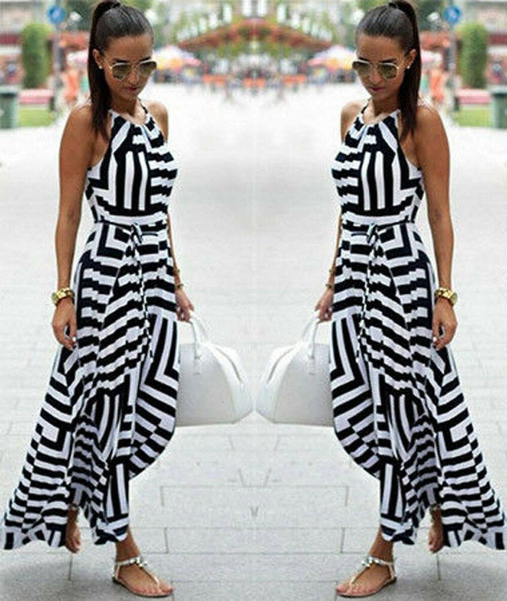 

women summer strap dress boho maxi long evening party dress beach holiday sundress, Black;gray