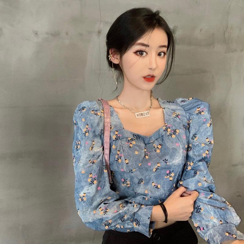 

Women's Blouses & Shirts Sexy Autumn Blusas De Mujer Puff Long Sleeve Square Collar Blouse Women Floral Print Denim Top Pleated Retro Jeans, White