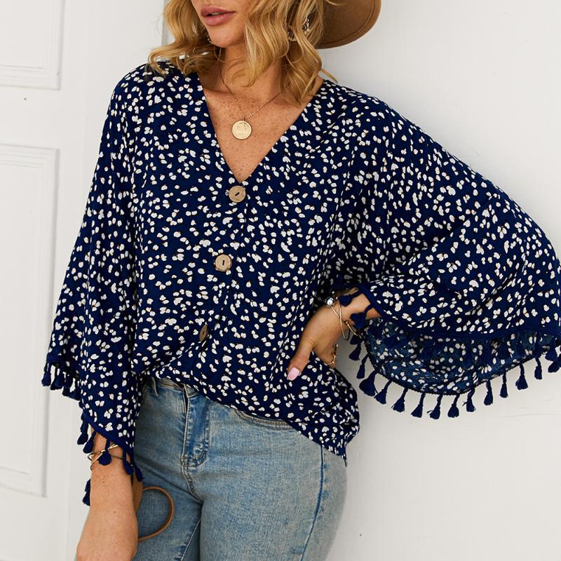 

Zebery Women's V-Neck Blouse Long Sleeve With Fringe Tops Floral Button Down Loose Trumpet Sleeve Printing Shirts, Wine red