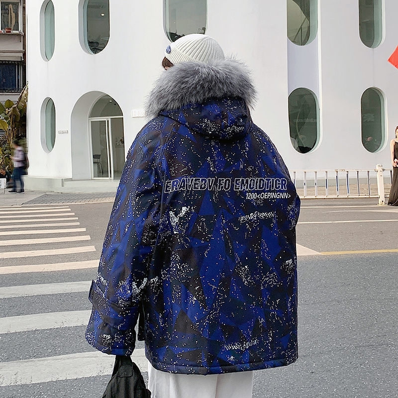 

Better Winter 2021 New Cotton Coat Thick Tide National Nice Hot Loose Fashion Printed Parka Jacket Men's Clothes 3D5Q RABK, Blue.