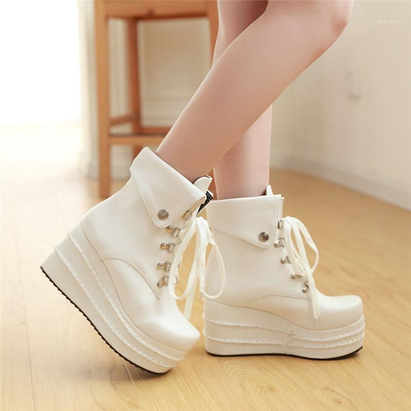 

New Paltform Ankle Boots For Women Fashion Lace Up Punk Heels Motorcycle Boots Women Rubber Ladies Black Party Heel Shoes1