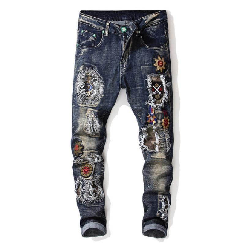 

Autumn Winter Men's Patchwork Ripped Embroidered Stretch Jeans Trendy Holes Straight Denim Trouers Stretch Biker Jeans For Men, 65 blue