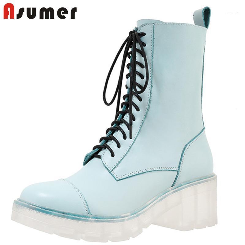 

ASUMER 2020 big size 42 top quality genuine leather ankle boots women round toe zip transparent heel casual shoes ladies1, Blue