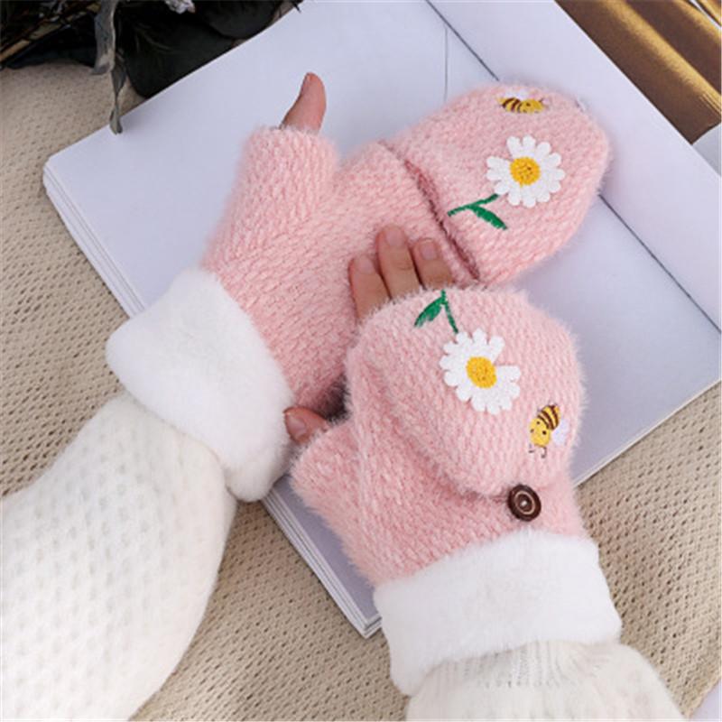 

Autumn Winter Women Flip Gloves flowers Embroidery Warm Plus Velvet Thickening Gloves Women Half-finger Cold Protection Mittens