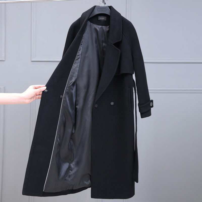 

2021 New Black Blend Woolen Coat for Women Autumn Winter Long Over the Knee Wool Jacket Female Korean Loose Large Size Overcoat Y561 1fzm