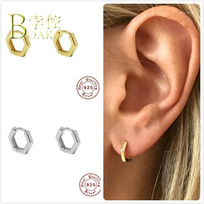 

Real 925 Silver Earrings For Women Gold Hexagon Small Hoop Earrings Girl Ear Piercing Earring Punk Men Geometric aretes B51