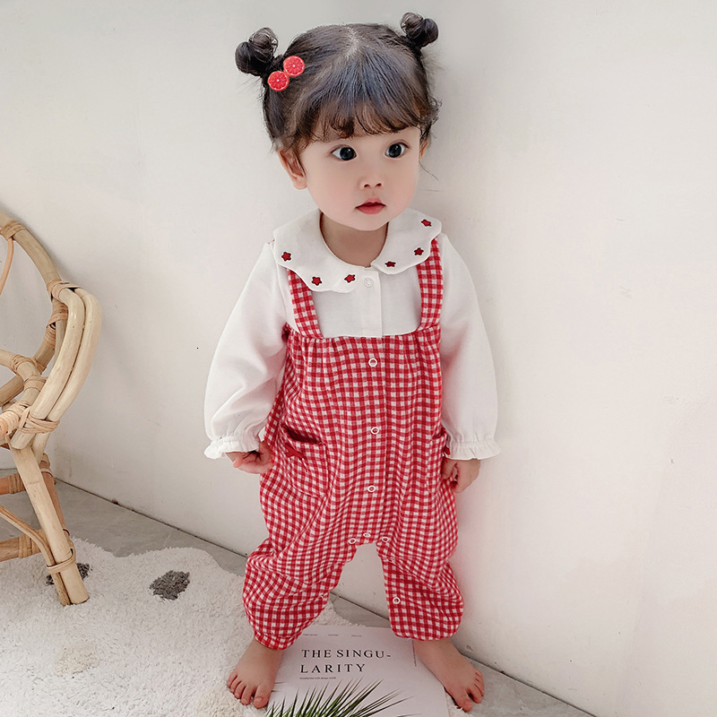 

2021 New Spring Autumn Clothing Peter Pan Collar Newborn Infant Plaid Baby Girls Cotton Romper Jumpsuit Solid Clothes Outfit 0-2y Wecj, Red