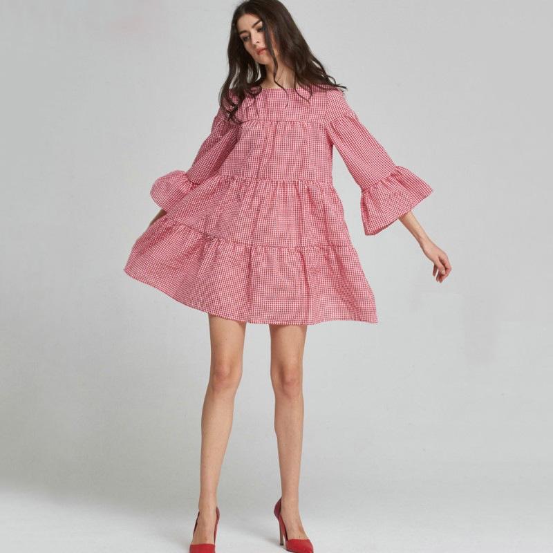 

2020 Popular Summer autumn red plaid flared sleeve Crew Neck Dress, C5