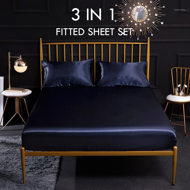

Satin Silk Fitted Sheet Solid Soft Bed Sheets With Pillowcase 3PCS Housse de Matela  Queen King Size Washable Cooling Touch1, White