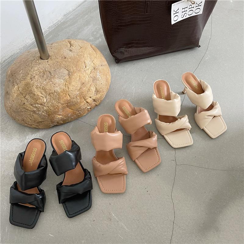 

DXFAN Brand Design Pleated Narrow Band High Heels Outdoor Slippers Women Square Toe Heel Sandals Women Elegant Ladies Slides, Black