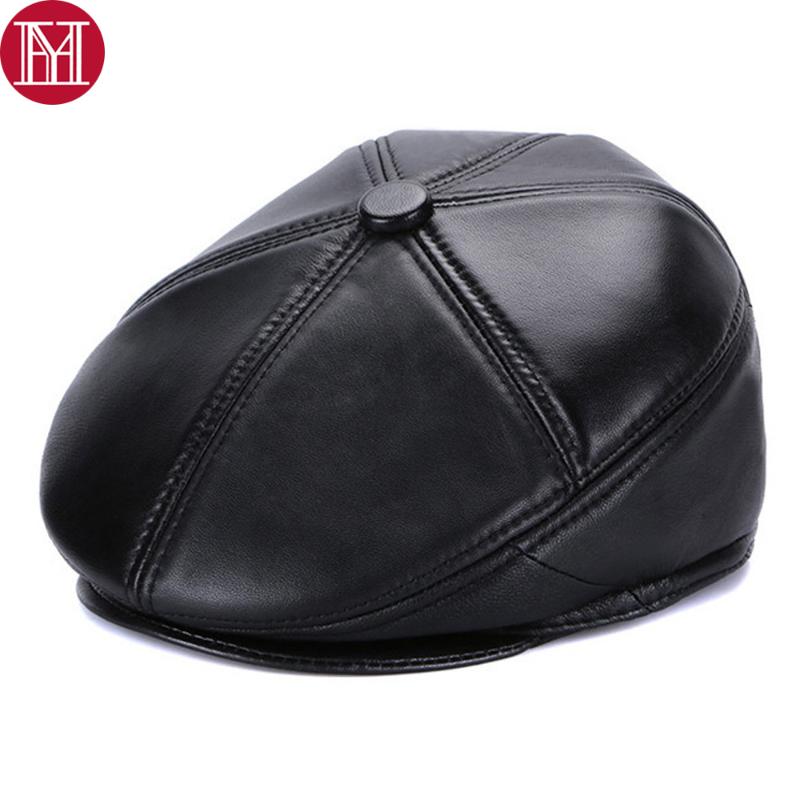 

2020 Brand Hot Casual Men Real Sheepskin Leather Berets Hats Winter Male Real Sheep skin Leather Caps Natural Earlap Hat, Black