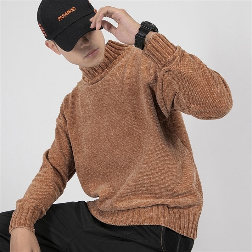 

Fashion Half Turtleneck Sweater Men Solid Loose Casual Streetwear Pullover Japanese Male Clothing Autumn Chenille Knitted Tops 201117, Green