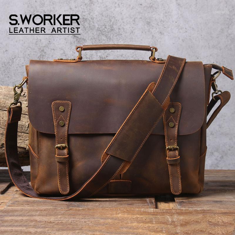 

S.WORKER Vintage Genuine Leather Men's Briefcase Laptop Messenger Bag Crazy Horse Leather Handbag Cowhide Retro Casual Style1, Dark brown